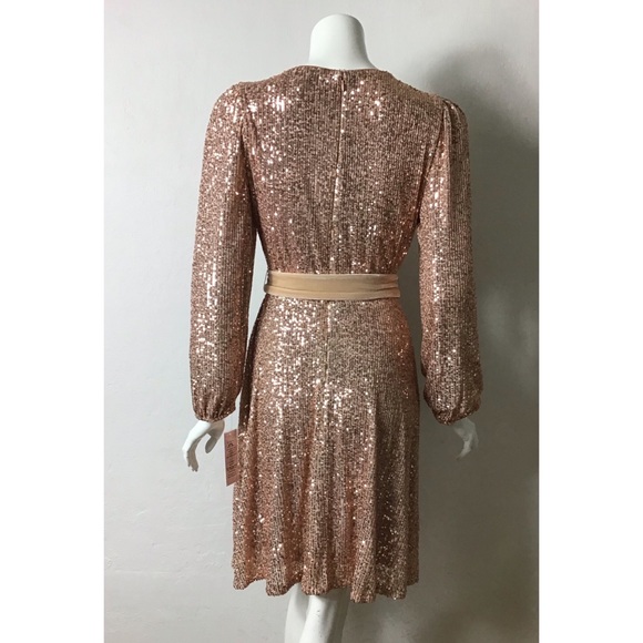 NWT Nanette Lepore sequin belted faux wrap long sleeve dress - Picture 2 of 5